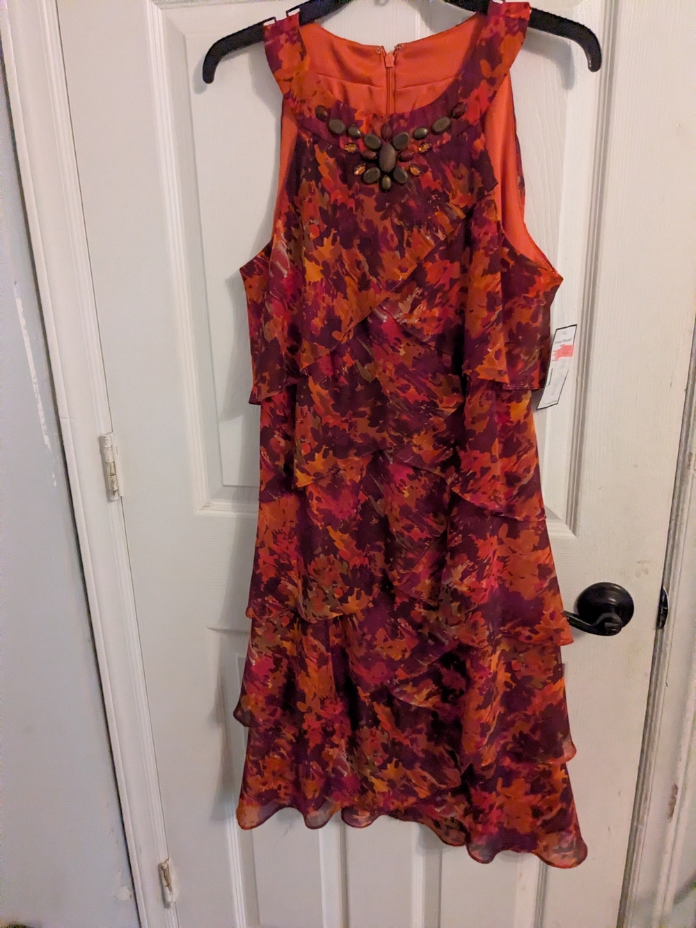 Sleeveless Tiered Floral Dress in Orange and Burgundy